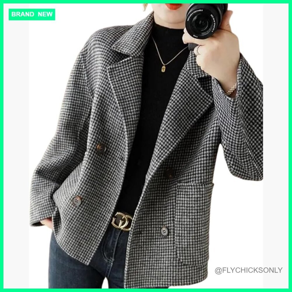 Cropped Wool Pea Coat Double Breasted Houndstooth Blazer Jacket